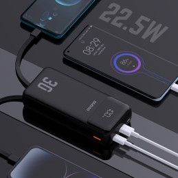 „Dudao K15MAX 30000mAh PD 22.5W“ išorinė baterija su įmontuotais laidais – juoda