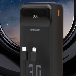 „Dudao K15MAX 30000mAh PD 22.5W“ išorinė baterija su įmontuotais laidais – juoda
