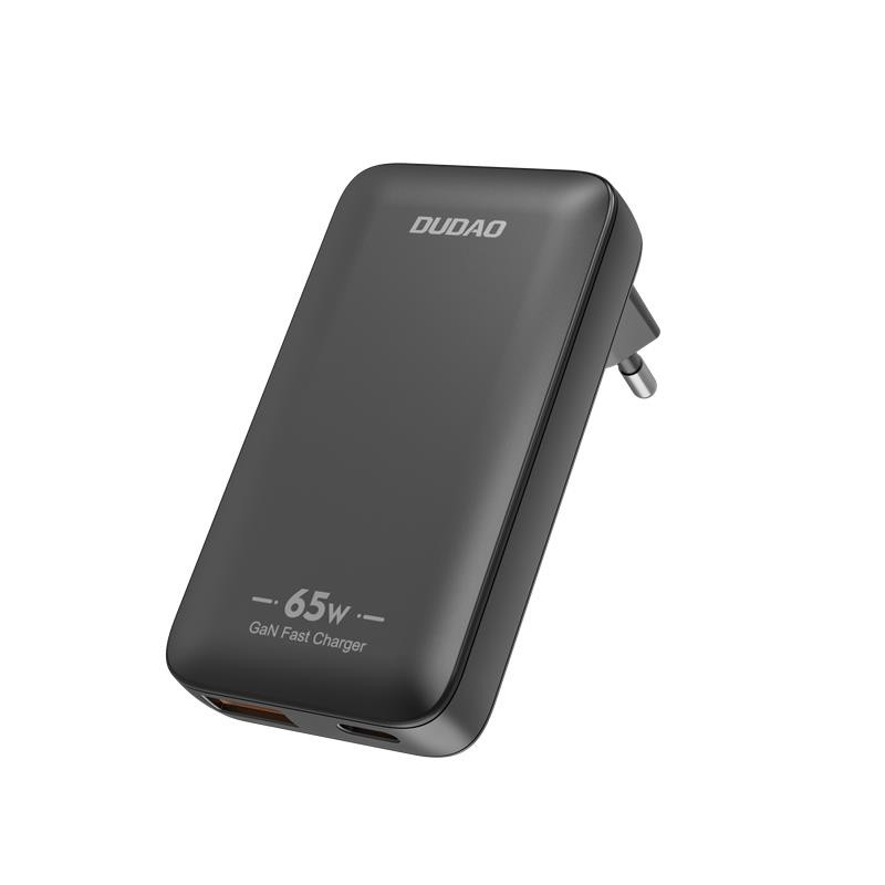 „GaN Dudao A65Q 65W“ USB-A / USB-C PD itin plonas kelioninis sieninis įkroviklis, skirtas ES / JAV – juodas