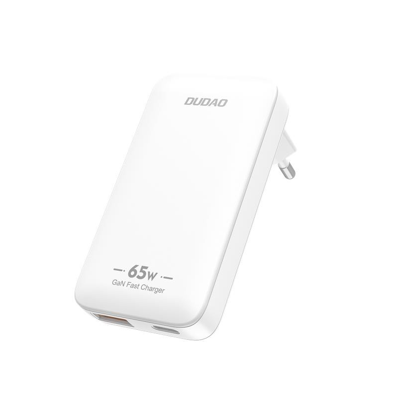 „GaN Dudao A65Q 65W“ USB-A / USB-C PD itin plonas kelioninis sieninis įkroviklis, skirtas ES / JAV – baltas