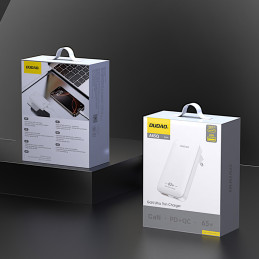 „GaN Dudao A65Q 65W“ USB-A / USB-C PD itin plonas kelioninis sieninis įkroviklis, skirtas ES / JAV – baltas