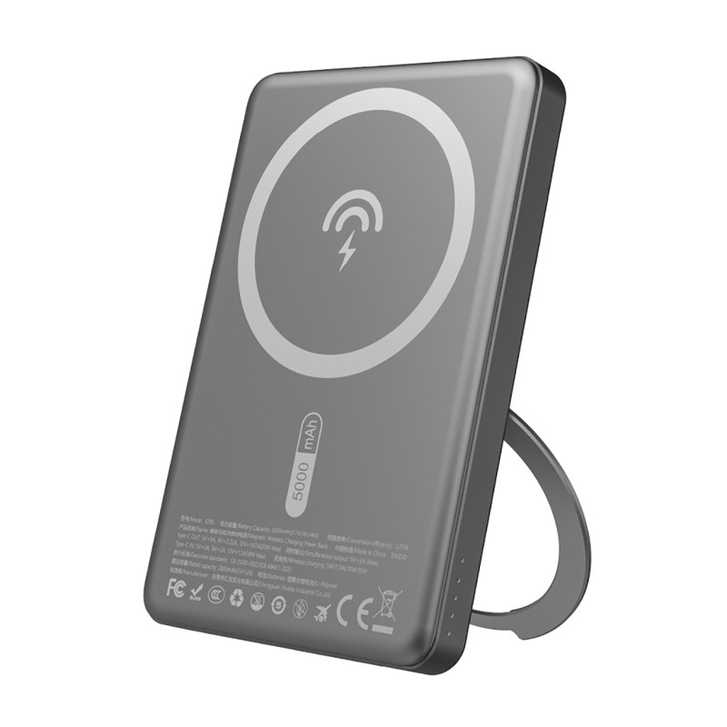 „Dudao K28S 20W PD 5000mAh“ išorinė baterija su „MagSafe“ ir stovu – pilka