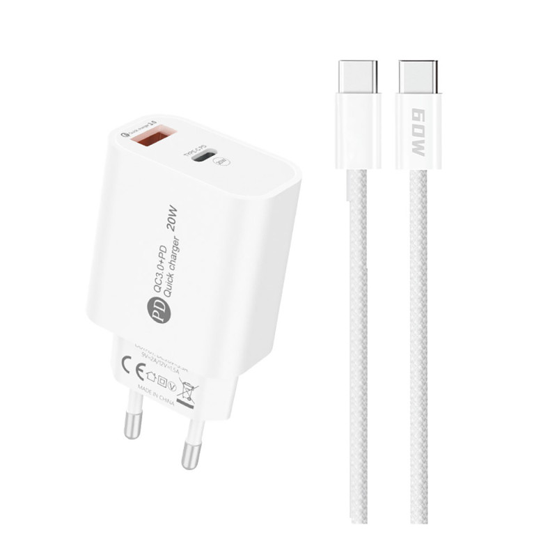 A6MaxC 20W USB-A USB-C sieninis įkroviklis su 1 m USB-C - USB-C laidu - baltas