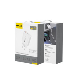 A6MaxC 20W USB-A USB-C sieninis įkroviklis su 1 m USB-C - USB-C laidu - baltas