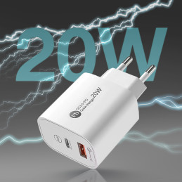 A6MaxC 20W USB-A USB-C sieninis įkroviklis su 1 m USB-C - USB-C laidu - baltas