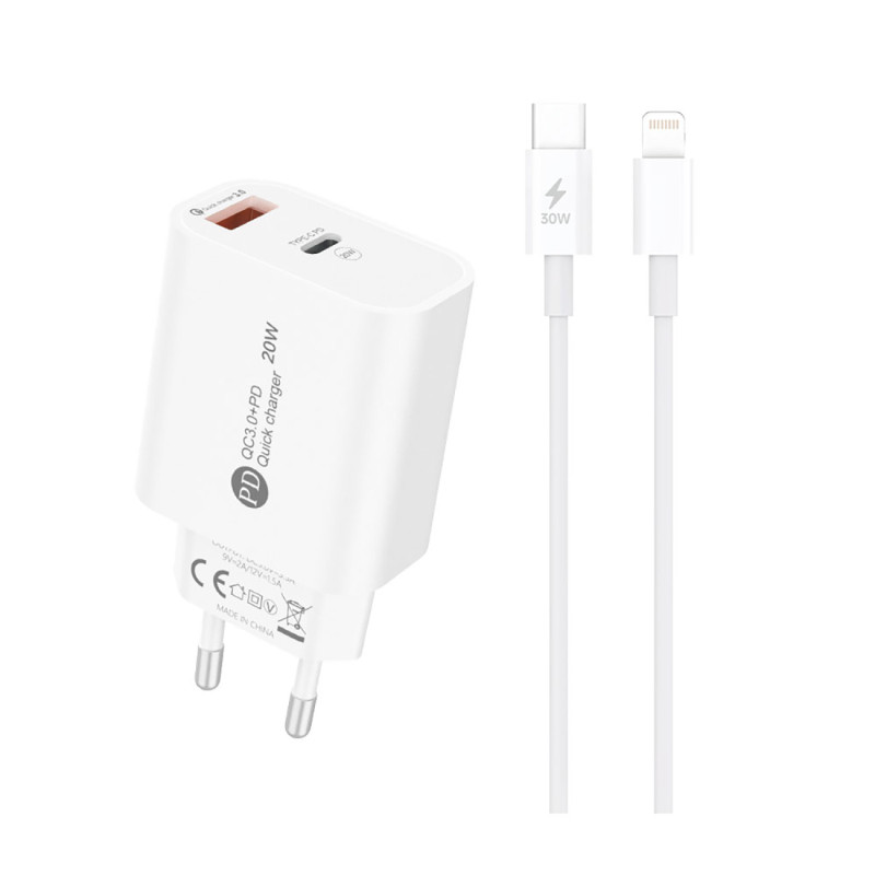 A6MaxL 20W USB-A USB-C sieninis įkroviklis su 1 m USB-C - Lightning laidu - baltas