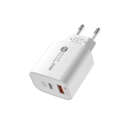 A6MaxL 20W USB-A USB-C sieninis įkroviklis su 1 m USB-C - Lightning laidu - baltas