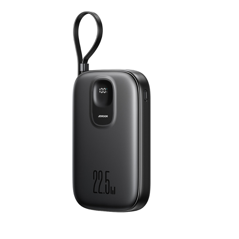 „Joyroom JR-PBF18“ 22,5 W 10000 mAh išorinė baterija su integruotu „Lightning“ laidu + 0,25 cm USB-C laidu - juoda