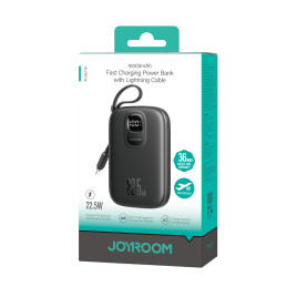 „Joyroom JR-PBF18“ 22,5 W 10000 mAh išorinė baterija su integruotu „Lightning“ laidu + 0,25 cm USB-C laidu - juoda