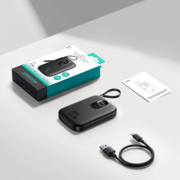 „Joyroom JR-PBF18“ 22,5 W 10000 mAh išorinė baterija su integruotu „Lightning“ laidu + 0,25 cm USB-C laidu - juoda