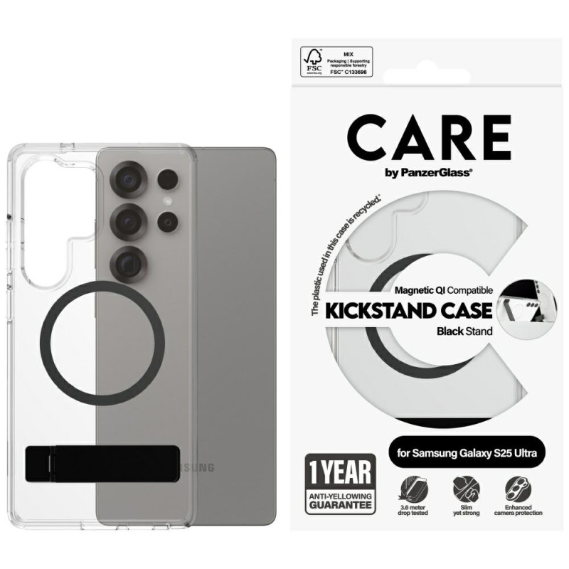 „CARE by PanzerGlass“ su juodu stovu ir QI dėklu, skirtu „Samsung Galaxy S25 Ultra“ – permatomas