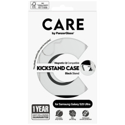 „CARE by PanzerGlass“ su juodu stovu ir QI dėklu, skirtu „Samsung Galaxy S25 Ultra“ – permatomas