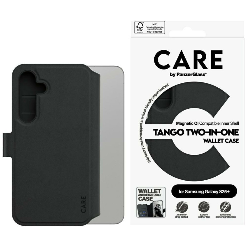 „CARE by PanzerGlass Feature Tango 2in1“ piniginės dėklas, skirtas „Samsung Galaxy S25+“ – juodas