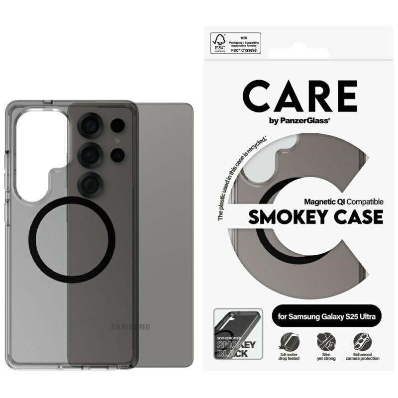„CARE by PanzerGlass Flagship Urban Combat“ juodas QI dėklas, skirtas „Samsung Galaxy S25 Ultra“ – pusiau permatomas dūm...