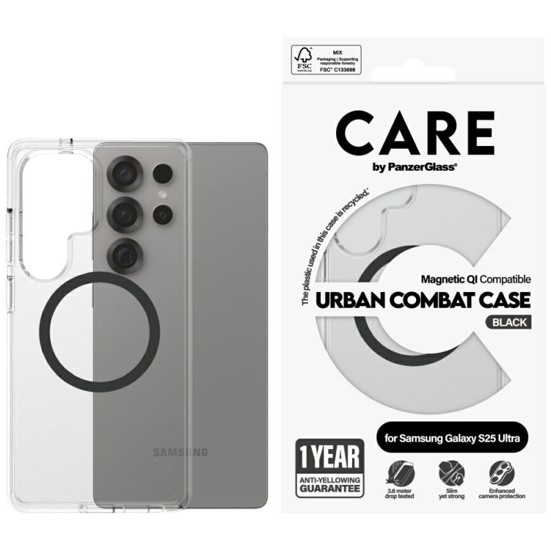 „CARE by PanzerGlass Flagship Urban Combat“ juodas QI dėklas, skirtas „Samsung Galaxy S25 Ultra“ – skaidrus