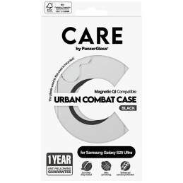„CARE by PanzerGlass Flagship Urban Combat“ juodas QI dėklas, skirtas „Samsung Galaxy S25 Ultra“ – skaidrus