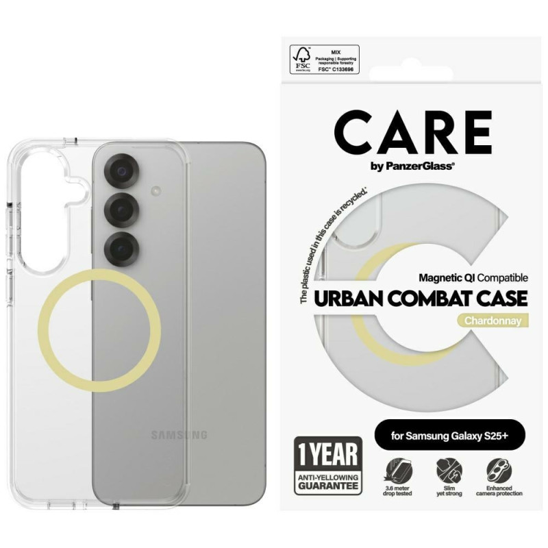 „CARE by PanzerGlass Flagship Urban Combat Chardonnay QI“ dėklas, skirtas „Samsung Galaxy S25+“ – skaidrus