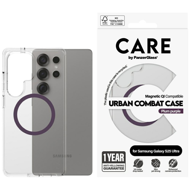 „CARE by PanzerGlass Flagship Urban Combat Purple QI“ dėklas, skirtas „Samsung Galaxy S25 Ultra“ – skaidrus