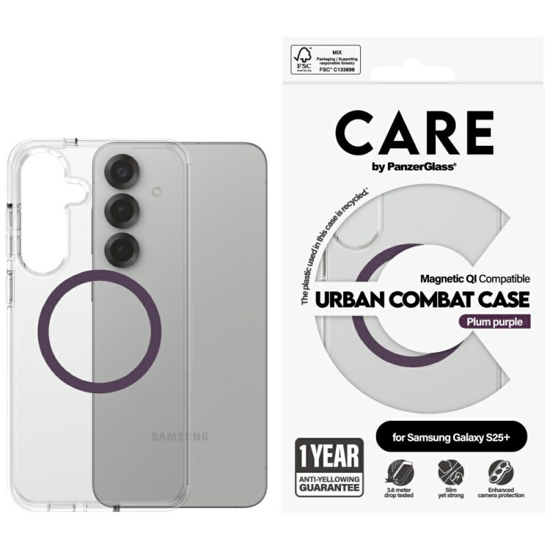 „CARE by PanzerGlass Flagship Urban Combat Purple QI“ dėklas, skirtas „Samsung Galaxy S25+“ – skaidrus