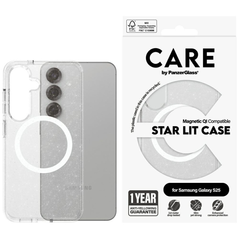 „CARE by PanzerGlass Flagship Urban Combat Starlight White QI“ dėklas, skirtas „Samsung Galaxy S25“ – permatomas