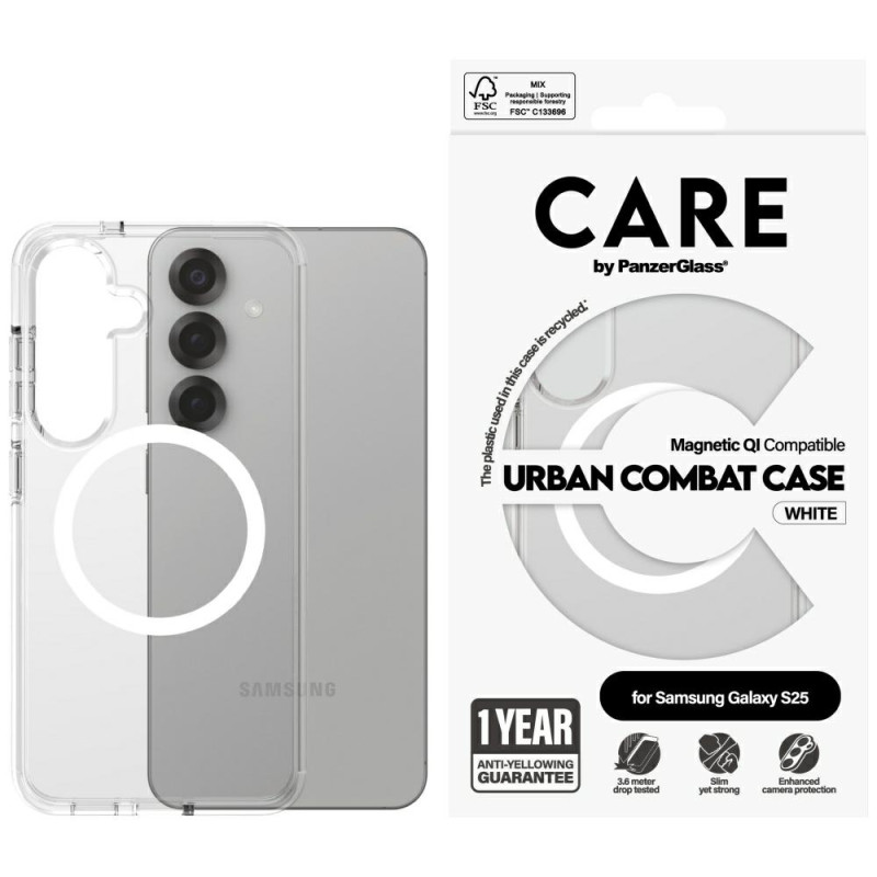 „CARE by PanzerGlass Flagship Urban Combat White QI“ dėklas, skirtas „Samsung Galaxy S25“ – skaidrus