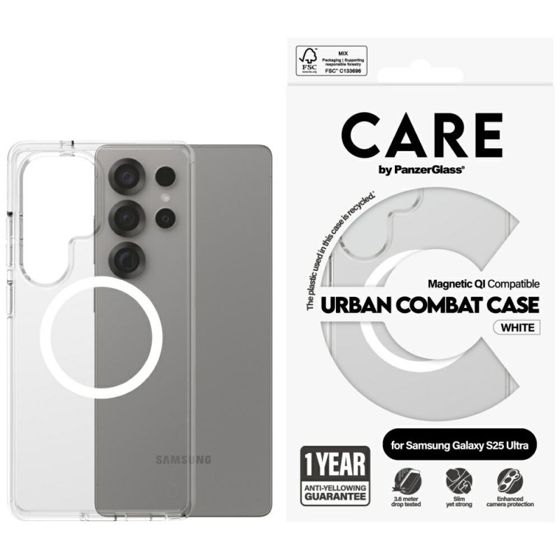 „CARE by PanzerGlass Flagship Urban Combat White QI“ dėklas, skirtas „Samsung Galaxy S25 Ultra“ – skaidrus