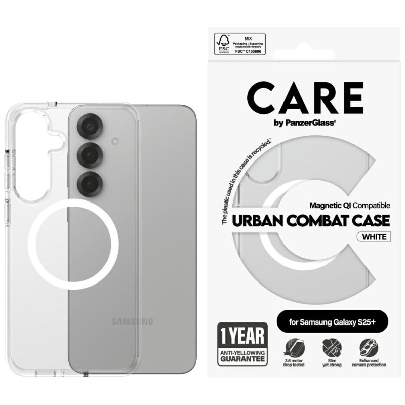 „CARE by PanzerGlass Flagship Urban Combat White QI“ dėklas, skirtas „Samsung Galaxy S25+“ – skaidrus