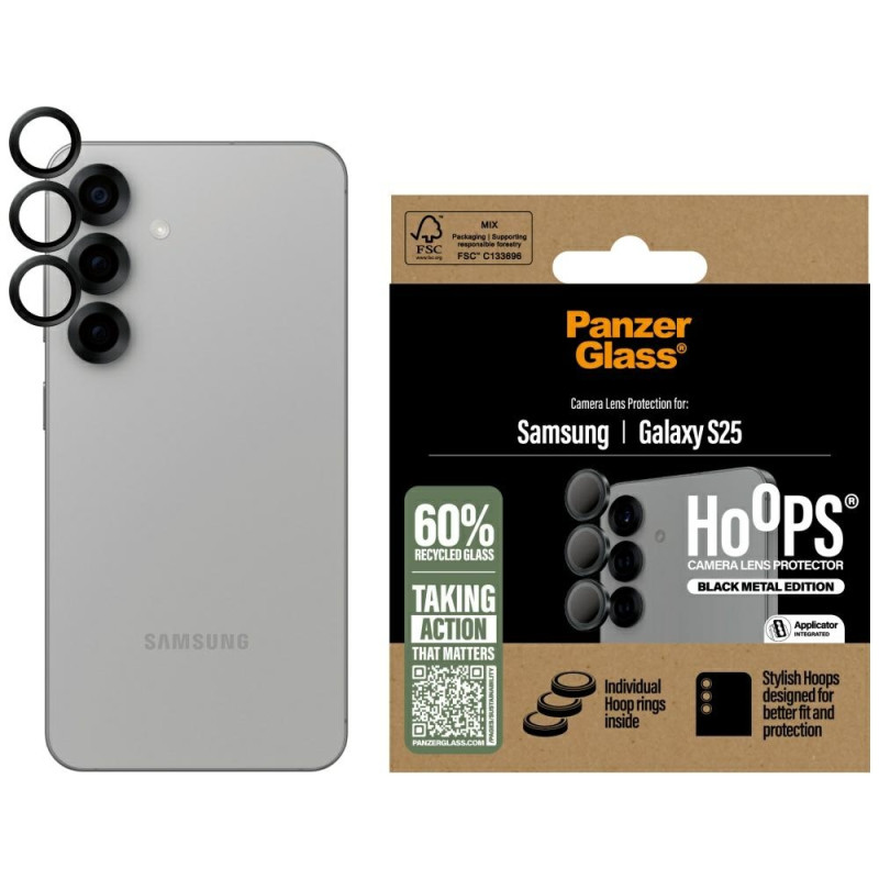 „PanzerGlass Hoops“ grūdinto stiklo objektyvo apsauga, skirta „Samsung Galaxy S25“, juoda