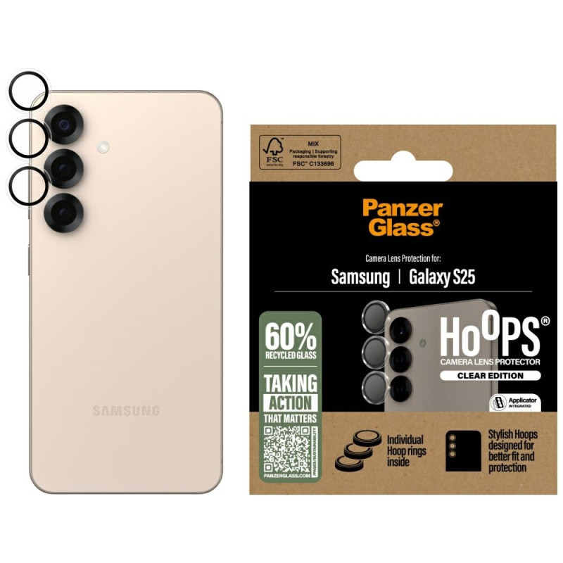 „PanzerGlass Hoops“ grūdinto stiklo objektyvo apsauga, skirta „Samsung Galaxy S25“ telefonui, skaidri