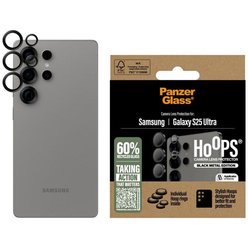 „PanzerGlass Hoops“ grūdinto stiklo objektyvo apsauga, skirta „Samsung Galaxy S25 Ultra“, juoda