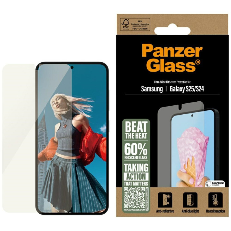 „PanzerGlass All-in-One“ itin plataus kampo grūdintas stiklas, skirtas „Samsung Galaxy S25“