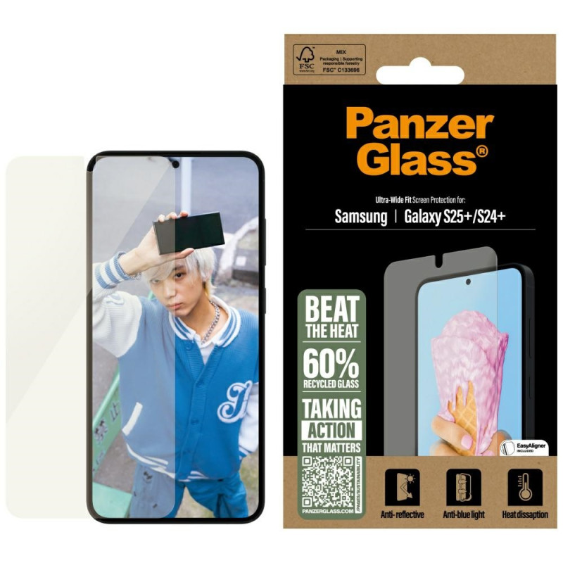 „PanzerGlass All-in-One“ itin plataus kampo grūdintas stiklas, skirtas „Samsung Galaxy S25+“