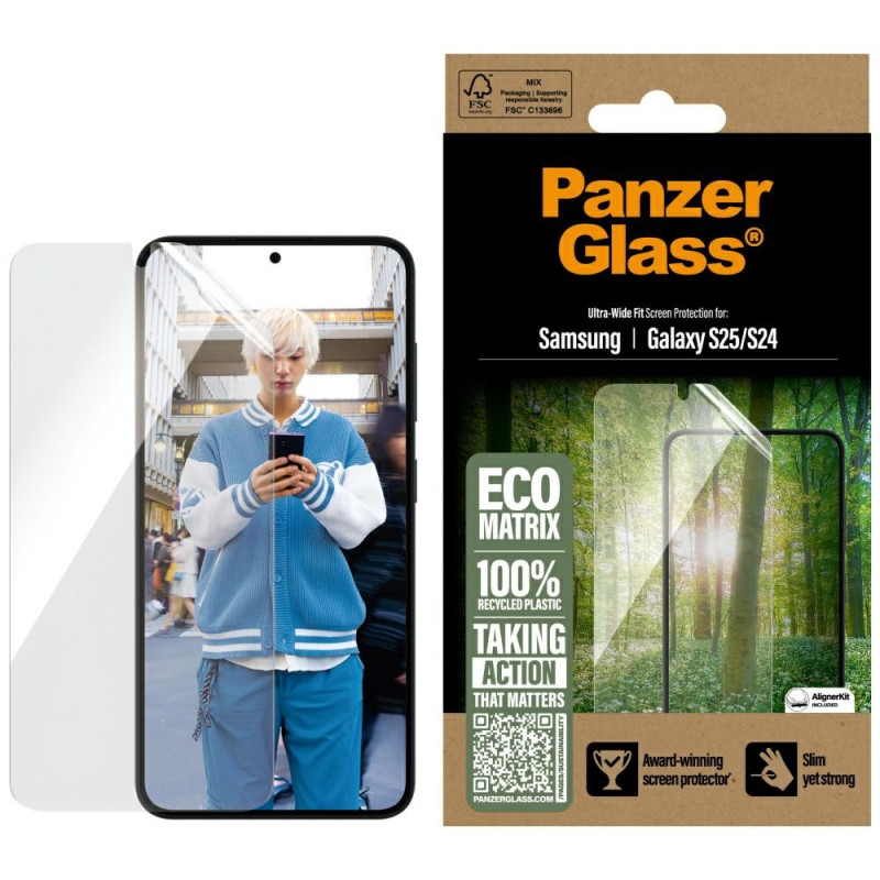 „PanzerGlass Eco Matrix“ itin plataus tvirtinimo grūdintas stiklas, skirtas „Samsung Galaxy S25“