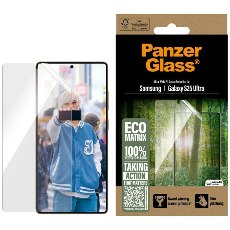 „PanzerGlass Eco Matrix“ itin plataus tvirtinimo grūdintas stiklas, skirtas „Samsung Galaxy S25 Ultra“.