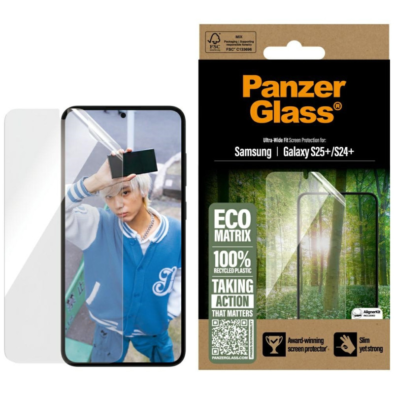 „PanzerGlass Eco Matrix“ itin plataus tvirtinimo grūdintas stiklas, skirtas „Samsung Galaxy S25+“