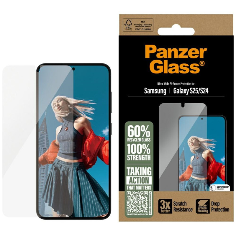 „PanzerGlass“ itin plataus diametro grūdintas stiklas, skirtas „Samsung Galaxy S25“