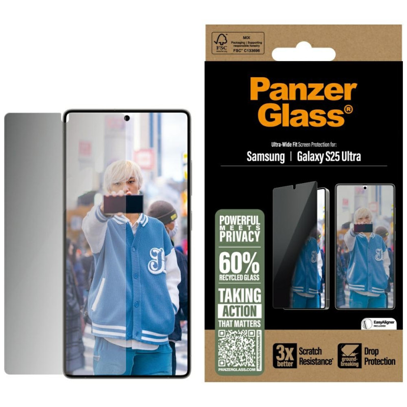 „PanzerGlass“ itin plataus profilio privatumo stiklas, skirtas „Samsung Galaxy S25 Ultra“.