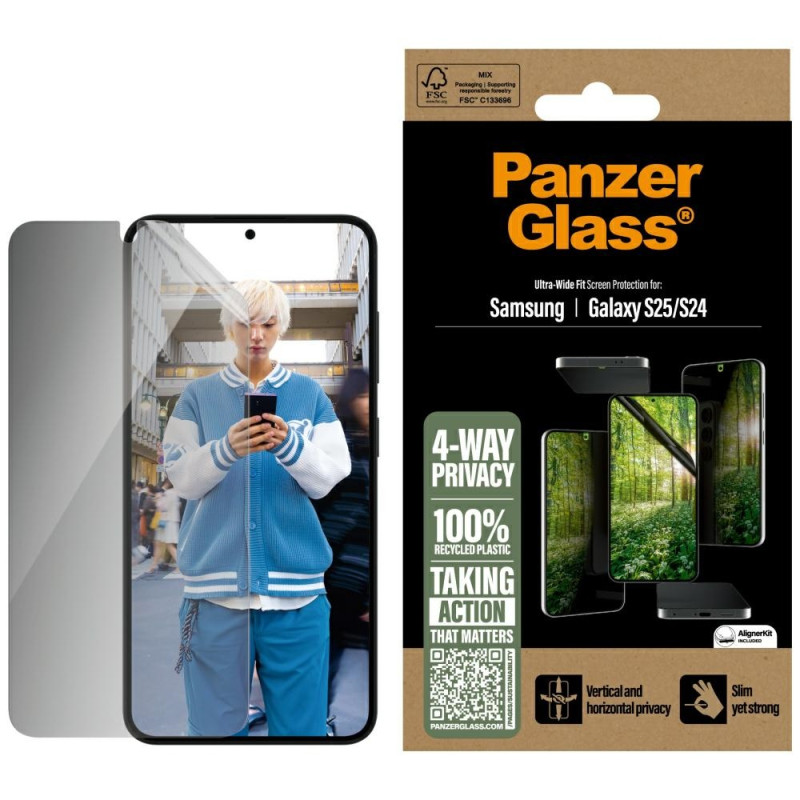 „PanzerGlass Eco Matrix“ itin plataus pritaikymo privatumo stiklas, skirtas „Samsung Galaxy S25“