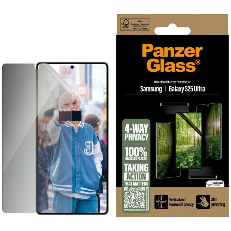 „PanzerGlass Eco Matrix“ itin plataus pritaikymo privatumo stiklas, skirtas „Samsung Galaxy S25 Ultra“.