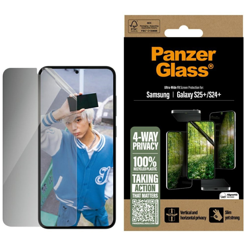 „PanzerGlass Eco Matrix“ itin plataus pritaikymo privatumo stiklas, skirtas „Samsung Galaxy S25+“