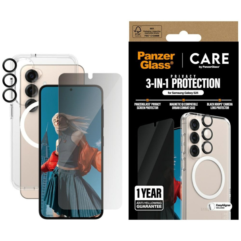 „CARE by PanzerGlass“ flagmaninis 3in1 dėklas + privatumo stiklas + objektyvas, skirtas „Samsung Galaxy S25“
