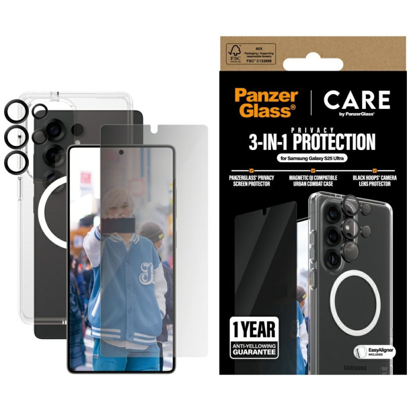 „CARE by PanzerGlass“ flagmaninis 3in1 dėklas + privatumo stiklas + objektyvas, skirtas „Samsung Galaxy S25 Ultra“