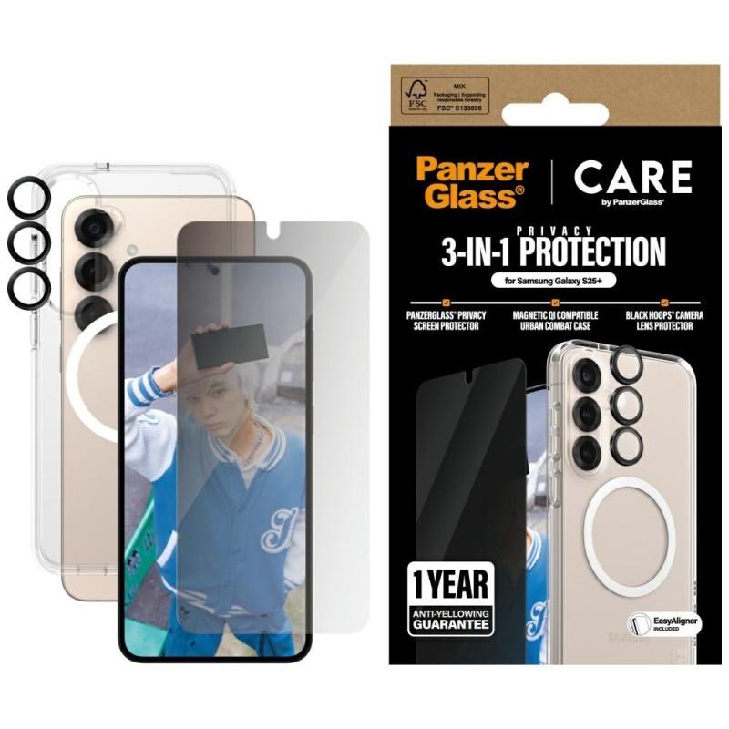 „CARE by PanzerGlass“ flagmaninis 3in1 dėklas + privatumo stiklas + objektyvas, skirtas „Samsung Galaxy S25+“