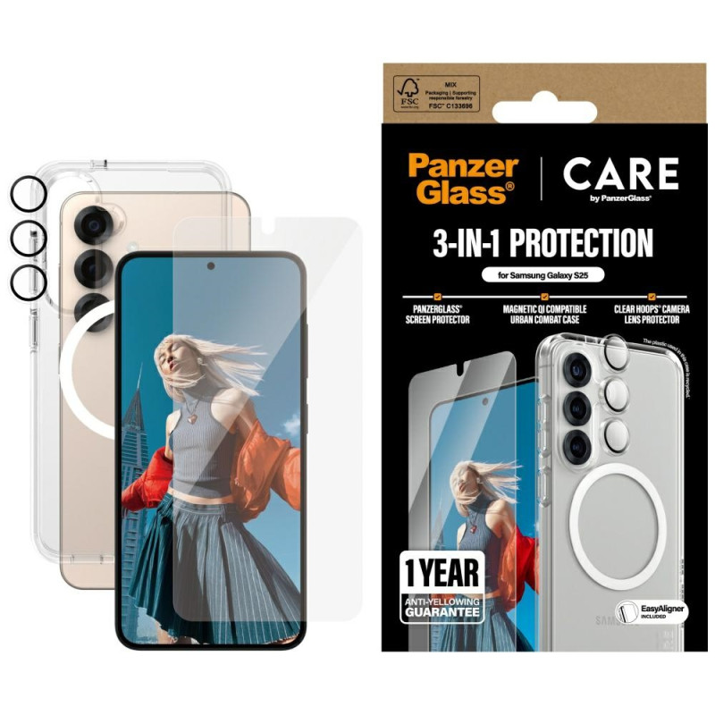 „CARE by PanzerGlass“ flagmaninis 3in1 dėklas + stiklas + objektyvo apsaugos rinkinys, skirtas „Samsung Galaxy S25“