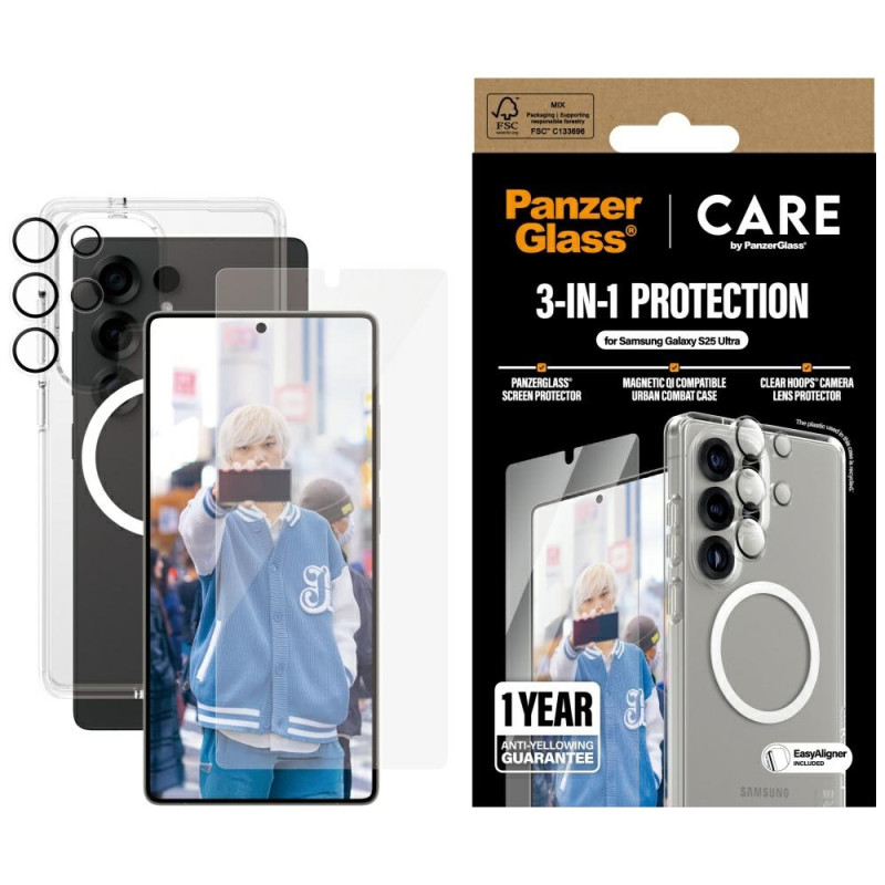 „CARE by PanzerGlass“ flagmaninis 3in1 dėklas + stiklas + objektyvo apsaugos rinkinys, skirtas „Samsung Galaxy S25 Ultra...