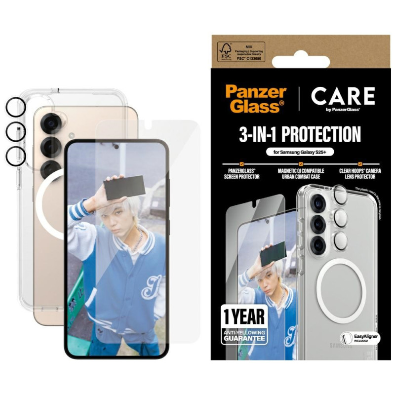 „CARE by PanzerGlass“ flagmaninis 3in1 dėklas + stiklas + objektyvo apsaugos rinkinys, skirtas „Samsung Galaxy S25+“