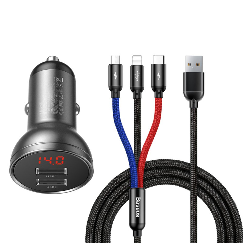 Baseus automobilinis įkroviklis 2x USB 4.8A 24W su LCD + 3in1 USB - USB Type C / micro USB / Lightning kabelis 1,2m juod...