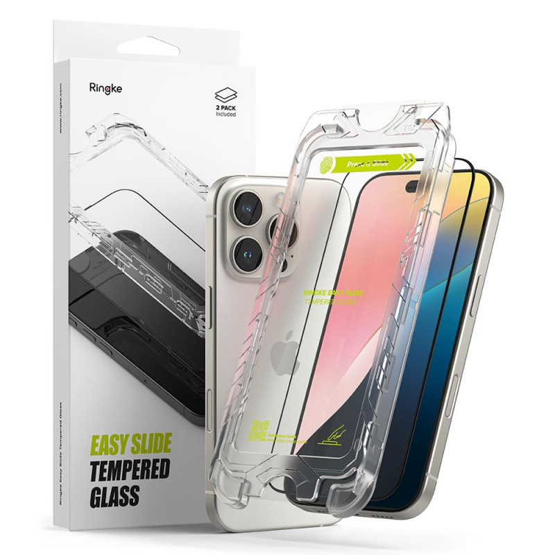 „Ringke Easy Slide“ 2 vnt. grūdinto stiklo „iPhone 16 Pro Max“ juodo rėmelio pakuotė