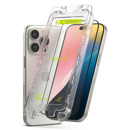 „Ringke Easy Slide“ 2 vnt. grūdinto stiklo „iPhone 16 Pro Max“ juodo rėmelio pakuotė