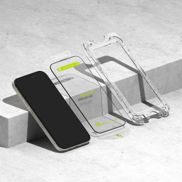 „Ringke Easy Slide“ 2 vnt. grūdinto stiklo „iPhone 16 Pro Max“ juodo rėmelio pakuotė
